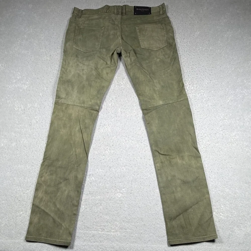 Balmain Paris Biker Moto Jeans Men’s 34 Olive Green Motorcycle Made In Japan